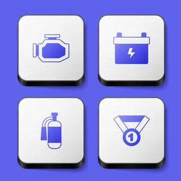 Set Check engine, Car battery, Fire extinguisher and Medal icon. White square 스톡 일러스트
