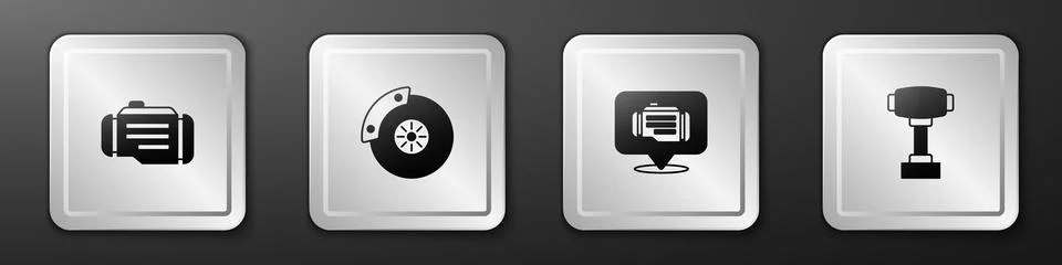 Set Check engine, Car brake disk with caliper, and Gear shifter icon. Silver Stock Illustration
