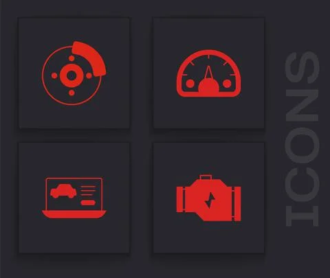 Set Check engine, Car brake disk with caliper, Speedometer and Diagnostics Illustrazione stock