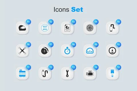 Set Check engine, Car brake disk with caliper, Gear shifter, radiator cooli.. Stock Illustration
