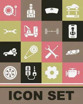 Set Check engine, Car headlight, Online car services, Windshield, Tow truck Ilustración de archivo