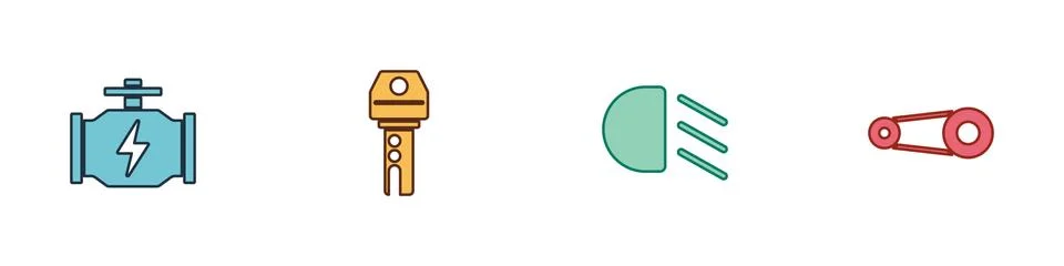 Set Check engine, Car key with remote, High beam and Timing belt kit icon Stock Illustration