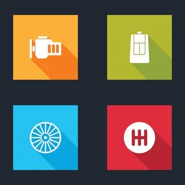 Set Check engine, Car key with remote, Alloy wheel and Gear shifter icon. Vector Stock Illustration