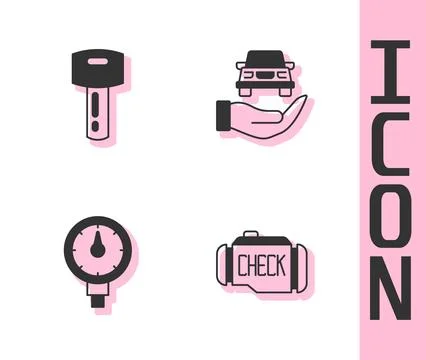 Set Check engine, Car key with remote, Tire pressure gauge and Auto service.. Stock Illustration