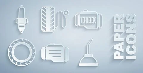 Set Check engine, Car tire wheel, Canister for motor machine oil, Tire pressu Stock Illustration