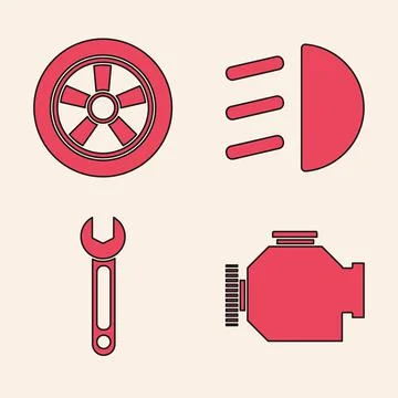 Set Check engine, Car wheel, High beam and Wrench icon. Vector イラスト素材