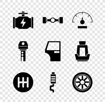Set Check engine, Chassis car, Speedometer, Gear shifter, Car muffler, whee.. Stock Illustration