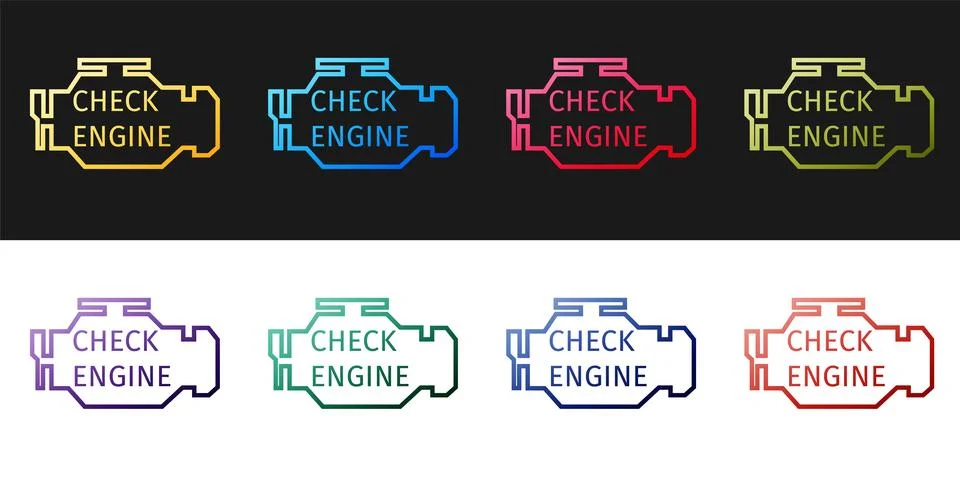 Set Check engine icon isolated on black and white background. Vector Stock Illustration