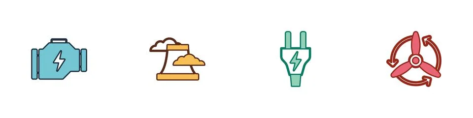 Set Check engine, Nuclear power plant, Electric plug and Wind turbine icon Illustrazione stock