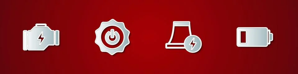 Set Check engine, Power button, Nuclear power plant and Battery icon. Vector Stockillustratie