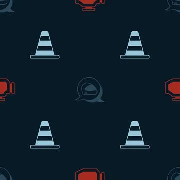 Set Check engine, Racing helmet and Traffic cone on seamless pattern. Vector Stock Illustration
