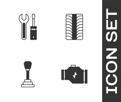 Set Check engine, Screwdriver and wrench spanner, Gear shifter and Car tire Stock Illustration