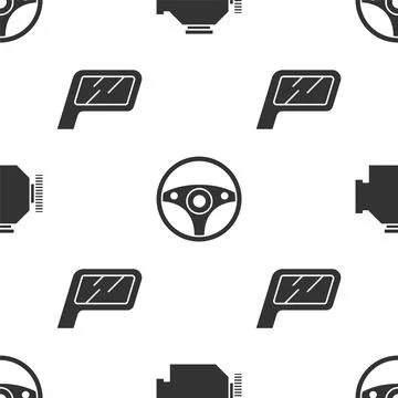 Set Check engine, Steering wheel and Car mirror on seamless pattern. Vector Stock Illustration