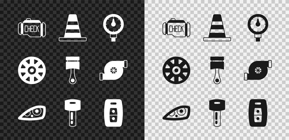 Set Check engine, Traffic cone, Tire pressure gauge, Car headlight, key wit.. Stock Illustration