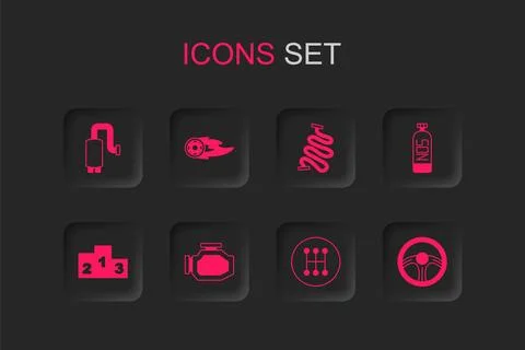 Set Check engine, Wheel fire flame, Car muffler, Gear shifter, Nitrous oxid.. Stock Illustration