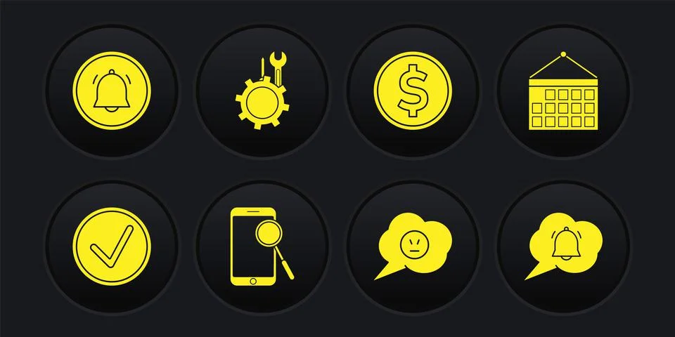 Set Check mark in circle, Calendar, Mobile phone diagnostics, Speech bubble with Illustrazione stock