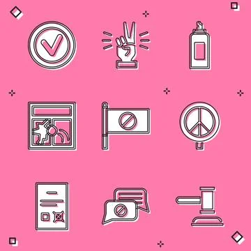 Set Check mark in round, Hand showing two finger, Paint spray can, Broken w.. Stock Illustration