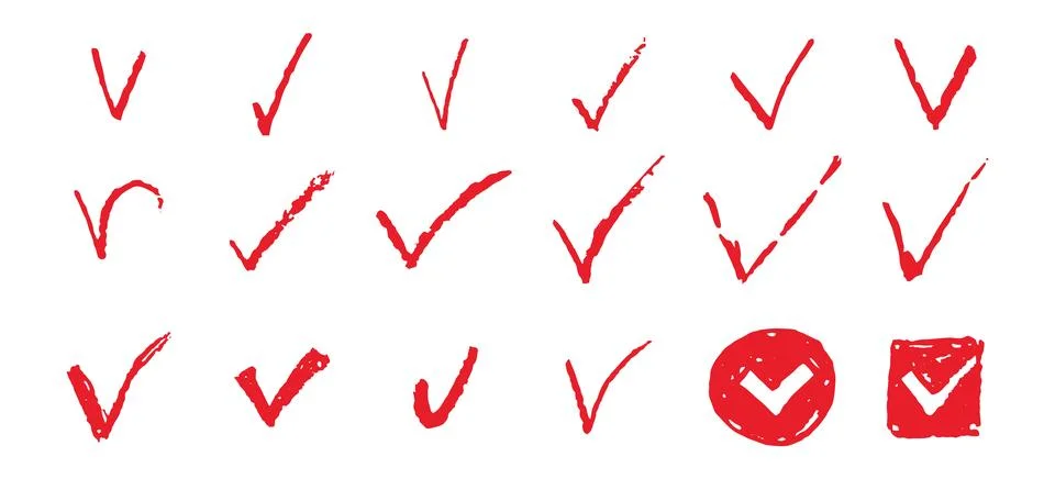 Set of check mark shapes. Red V handdrawn signs collection. Yes symbols for vote Stock Illustration