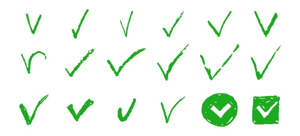 Set of check mark shapes. Red V handdrawn signs collection. Yes symbols for vote Stock Illustration