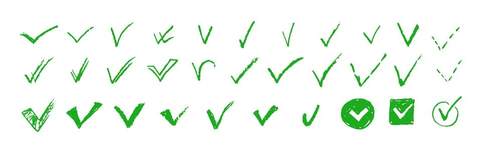 Set of check mark shapes. Red V handdrawn signs collection. Yes symbols for vote Stock Illustration
