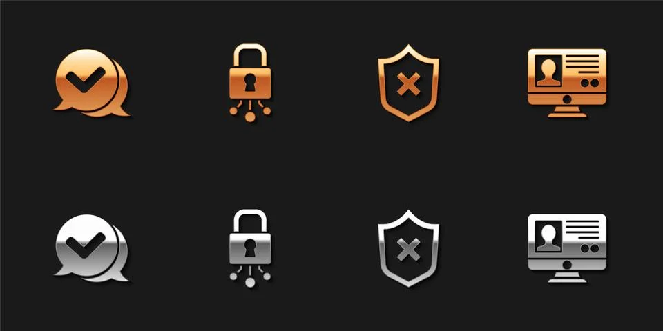 Set Check mark in speech bubble, Cyber security, Shield with cross and Create Stock Illustration