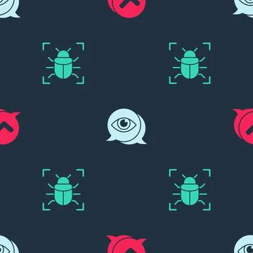 Set Check mark in speech bubble, Eye scan and System bug on seamless pattern 스톡 일러스트