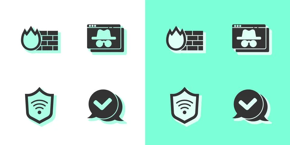 Set Check mark in speech bubble, Firewall, security wall, Shield with WiFi Stock Illustration