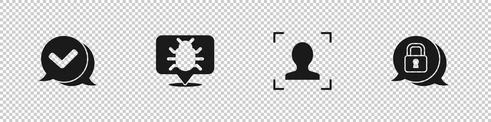Set Check mark in speech bubble, System bug, Face recognition and Cyber security Stock Illustration