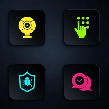 Set Check mark in speech bubble, Security camera, System bug and Password Stock Illustration