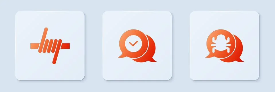 Set Check mark in speech bubble, Barbed wire and System bug. White square button Stock Illustration