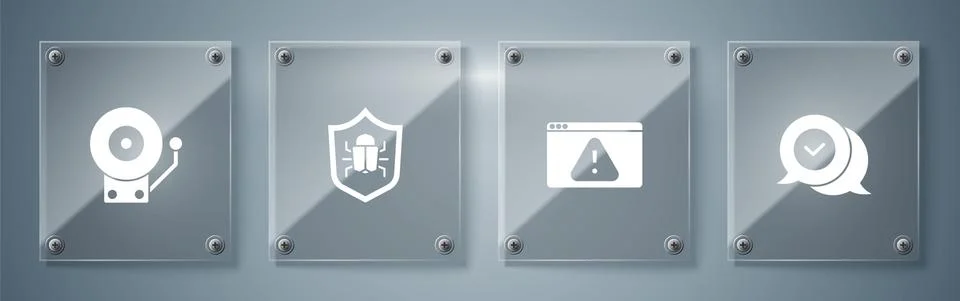 Set Check mark in speech bubble, Browser with exclamation, System bug and Illustrazione stock