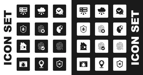 Set Check mark in speech bubble, Cancelled fingerprint, System bug, Server, Data Stock Illustration