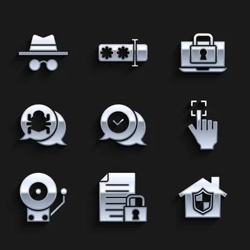 Set Check mark in speech bubble, Document and lock, House under protection Illustrazione stock