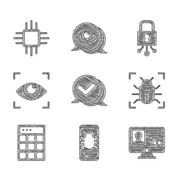 Set Check mark in speech bubble, System bug on mobile, Create account screen Illustrazione stock