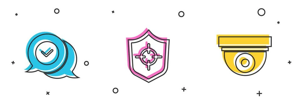 Set Check mark in speech bubble, Shield and Security camera icon. Vector Stock Illustration