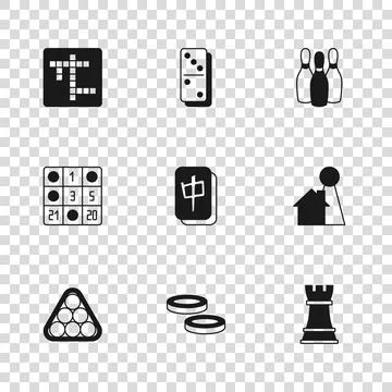 Set Checker game chips, Chip for board, Chess, Mahjong pieces, Bowling pin,.. Illustration