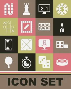 Set Checker game chips, Toy building block bricks, Dart arrow, Sport mechanical Ilustración de archivo