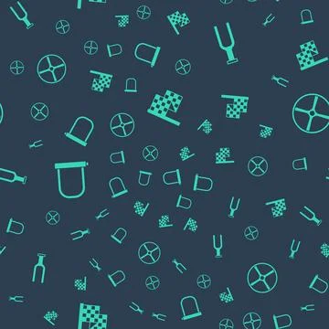 Set Checkered flag, Bicycle fork, lock and wheel on seamless pattern. Vector Stock Illustration