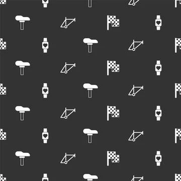 Set Checkered flag, Smart watch, Bicycle seat and frame on seamless pattern Stock Illustration