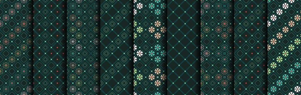 Set of checkered patterns with thin lines, floral elements, geometric shapes. Stock Illustration