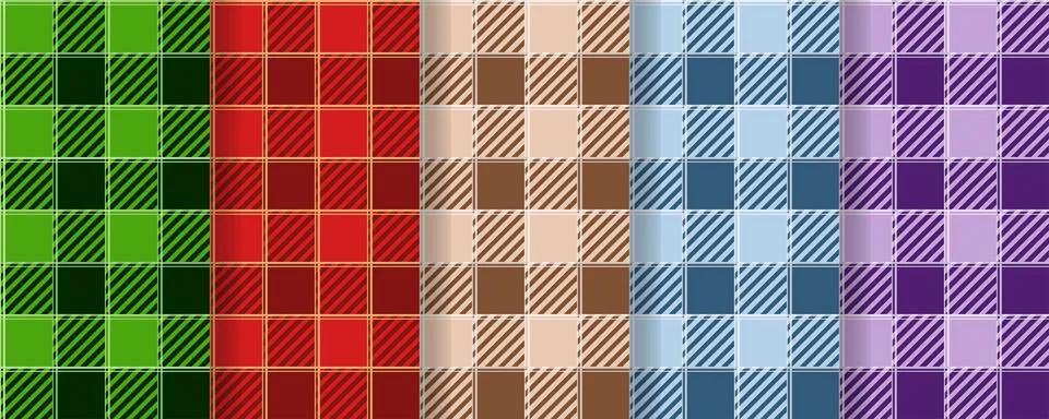 Set checkered seamless patterns in red, green, beige, blue and purple Stock Illustration