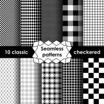 Set of checkered simple fabric seamless pattern in black and white Stock Illustration