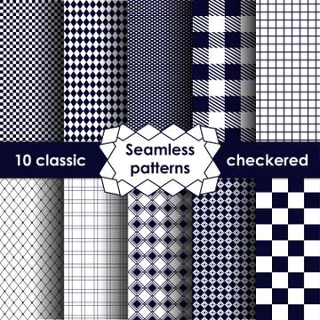 Set of checkered simple fabric seamless pattern in blue and white Stock Illustration