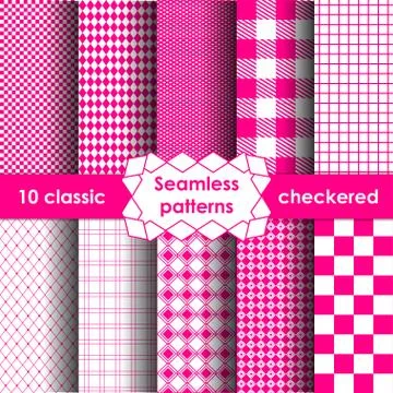 Set of checkered simple fabric seamless pattern in pink and white Stock Illustration