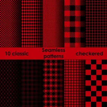 Set of checkered simple red and black fabric seamless pattern. Stock Illustration