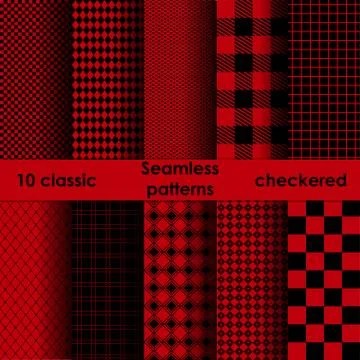Set of checkered simple red and black fabric seamless pattern. Stock Illustration