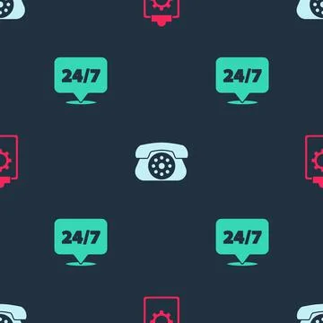 Set Checklist with 24 hours service, Telephone and Clock on seamless pattern Illustrazione stock