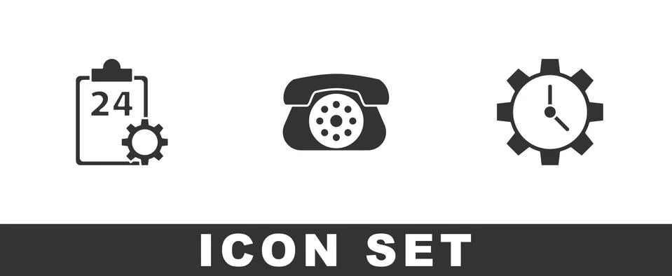 Set Checklist with 24 hours service, Telephone and Time Management icon. Vector Illustrazione stock