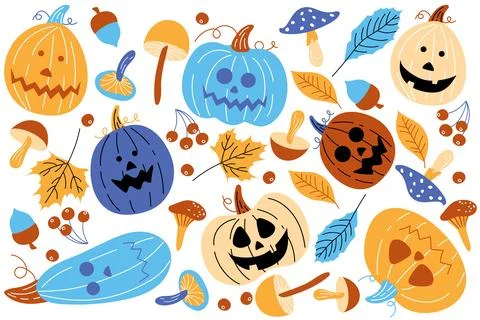 A set of cheerful cute pumpkins in a multi colored palette isolated on white. Stock Illustration
