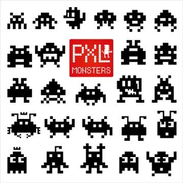 Set of cheerful pixel monsters Stock Illustration